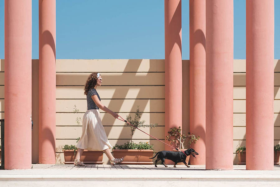 Person in striped shirt and skirt walking black daschund dog past pink columns.